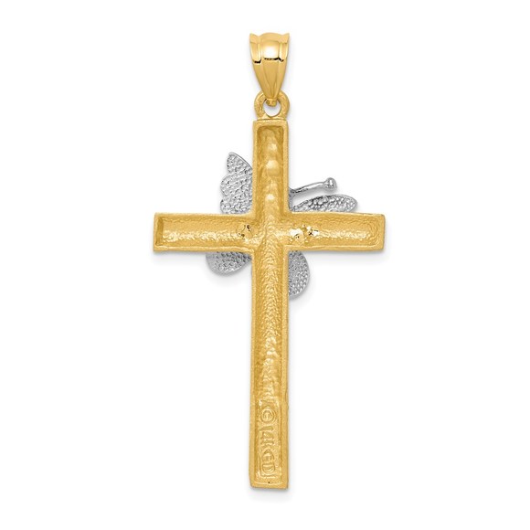 14k Two-tone Genuine Gold Cross with Butterfly Necklace Charm Pendant - Picture 4 of 4